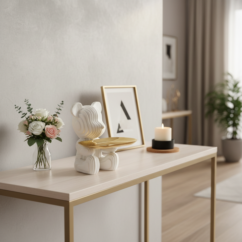 Decorative lamp shaped like a cat with a gold leaf on a wooden surface