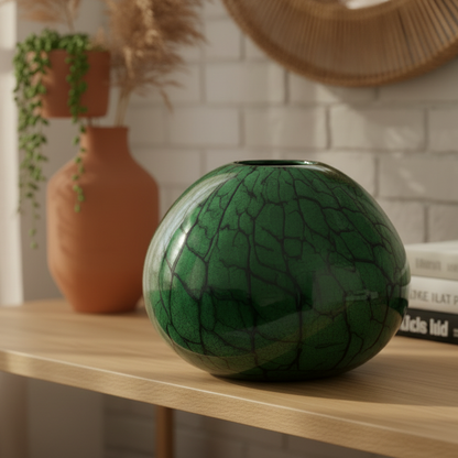Green ceramic vase on a wooden shelf with books and decorative items in the background.