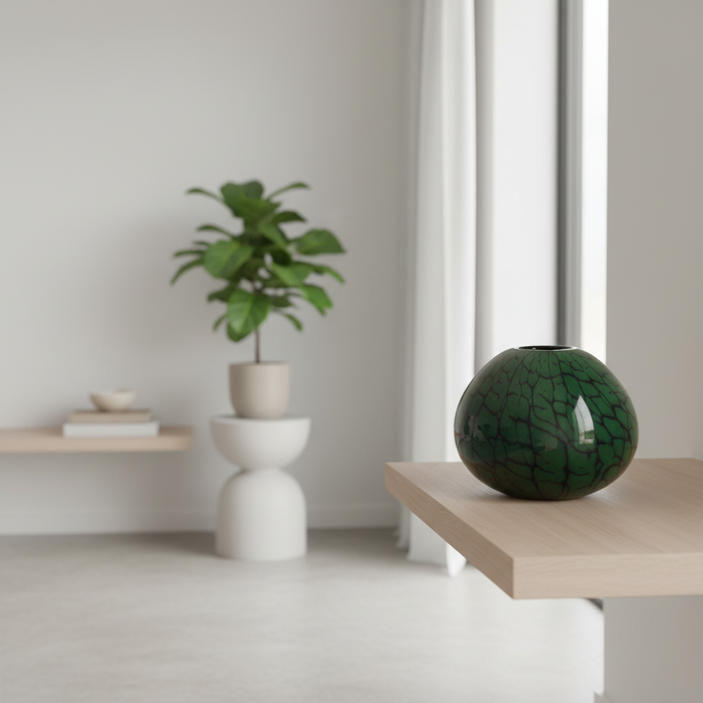 Green vase on a wooden table with a plant and books in the background