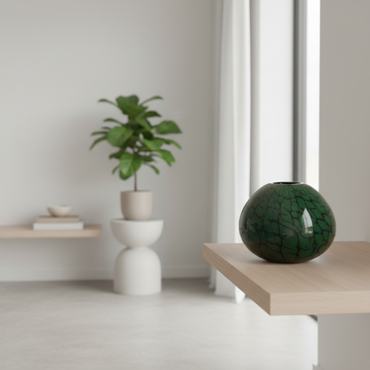 Green vase on a wooden table with a plant and books in the background