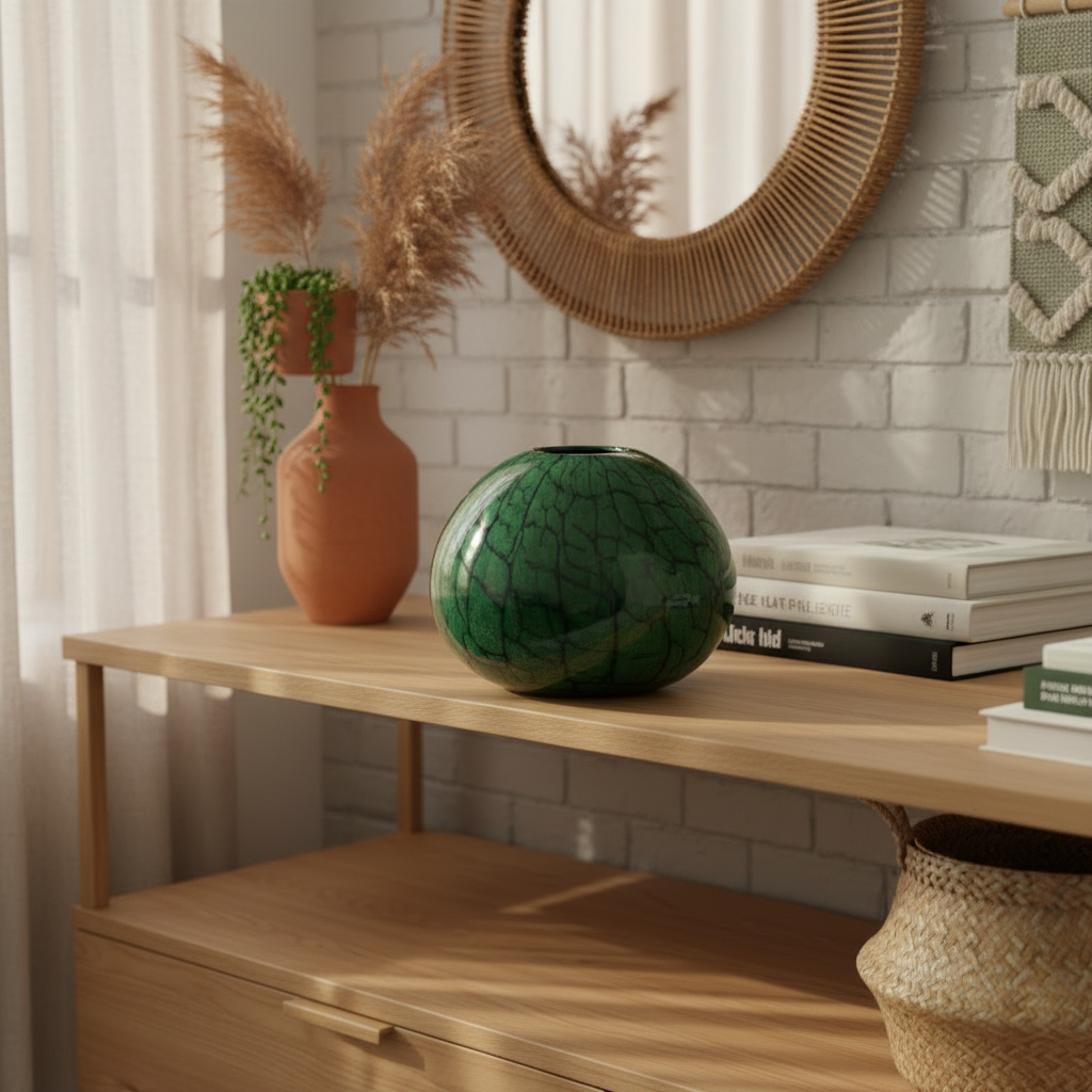 Green ceramic vase with a cracked glaze pattern on a white surface