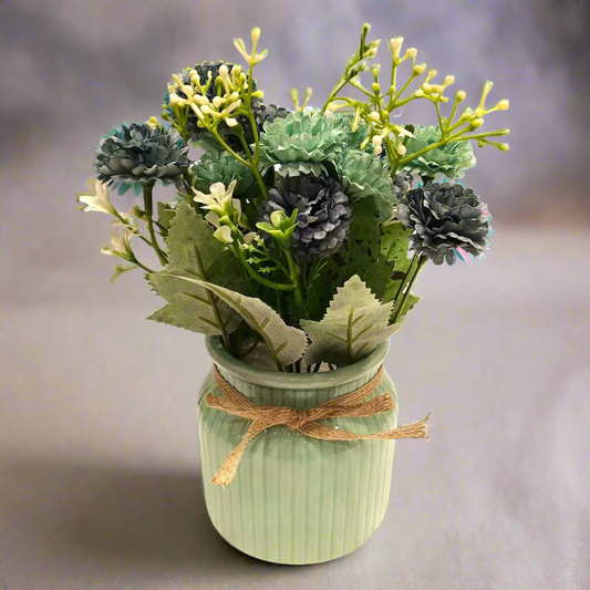Cool Tones Harmony: Artificial Blue-Green Floral Arrangement in Ceramic Ribbed Sage Vase