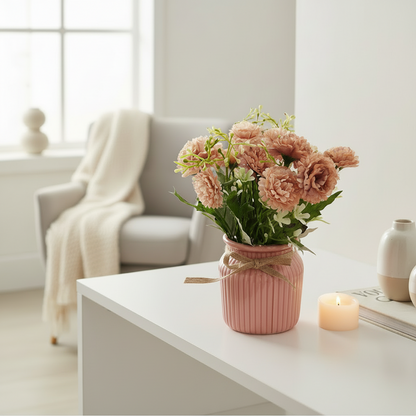 Pink vase with flowers on a wooden table in a cozy living room.