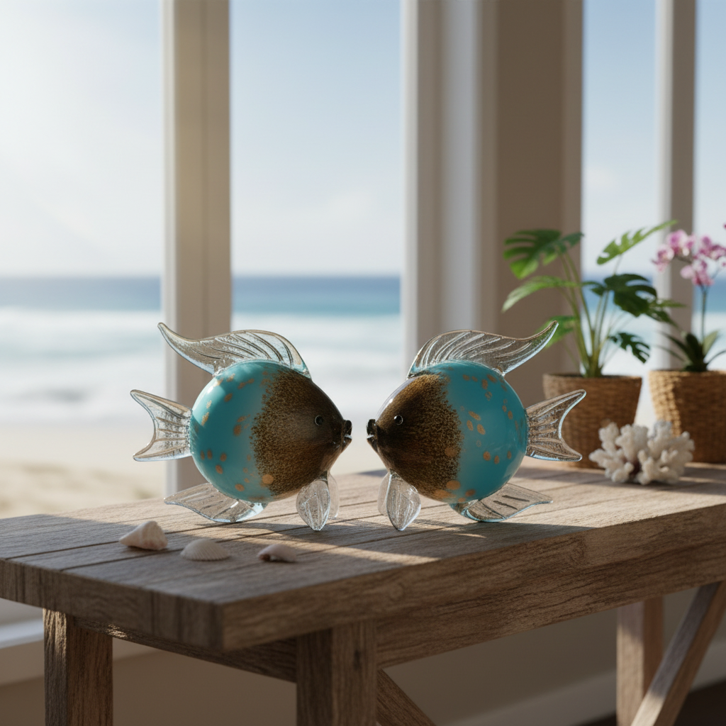 Two glass fish figurines on a wooden table with a beach view in the background.