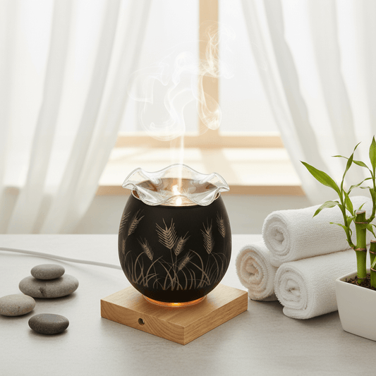 Aromatherapy diffuser on a wooden coaster with a window and rolled towels in the background