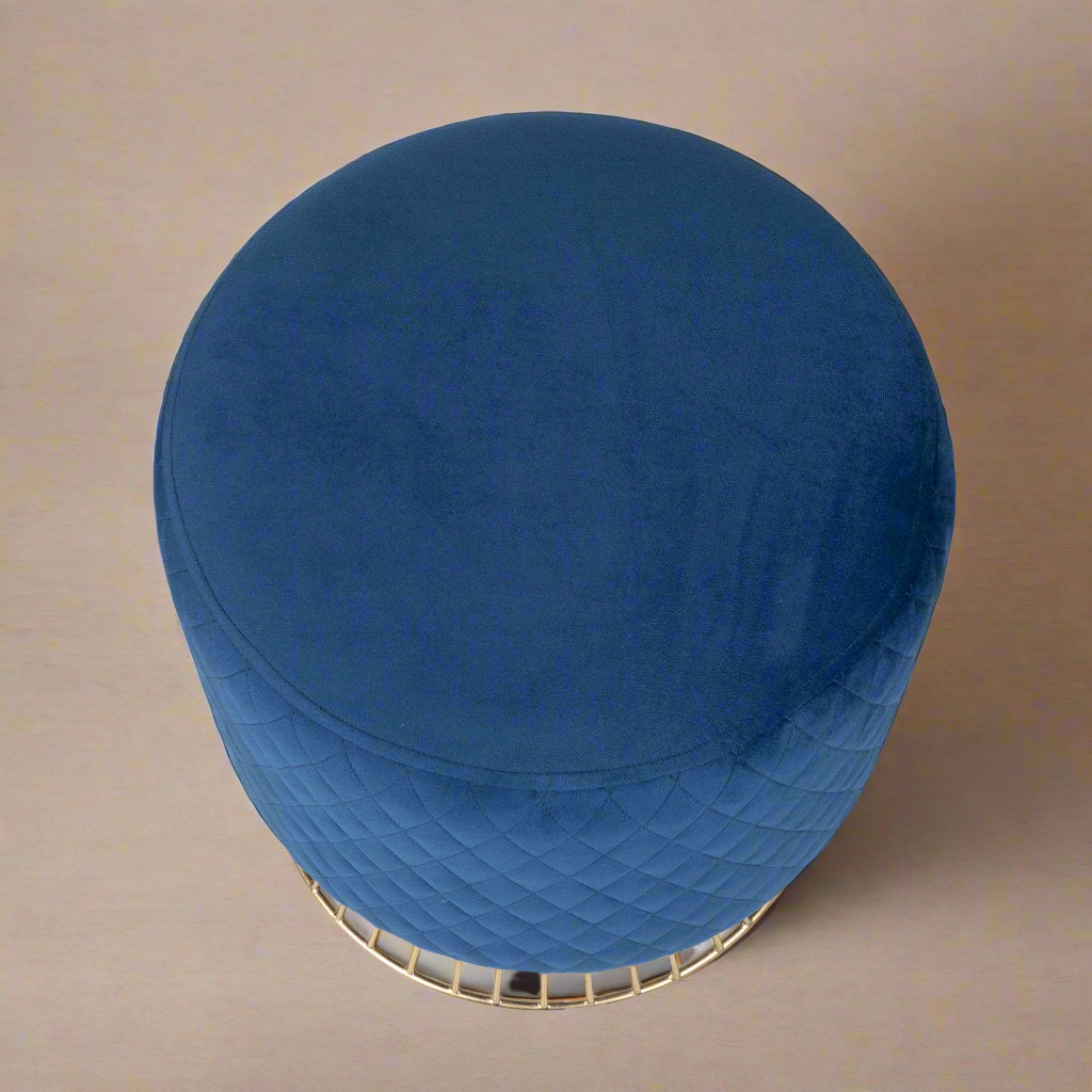 Chic Navy Velvet Pouf with a Gold Abstract Base