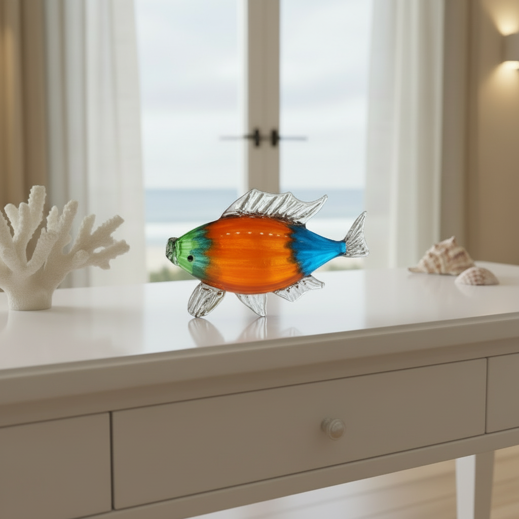 Colorful glass fish figure on a gray background