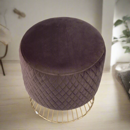 Luxurious Dark Brown Quilted Velvet Ottoman with Gold Base