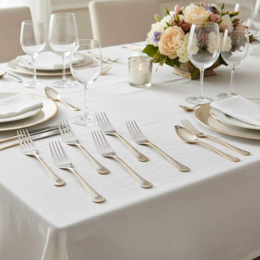 Elegant table setting with silverware, glasses, and a floral centerpiece.