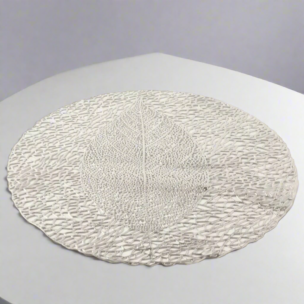 Elegant Silver Fig Leaf Skeleton Premium Placemat – Decorative Metallic Table Charger (Set of 2)