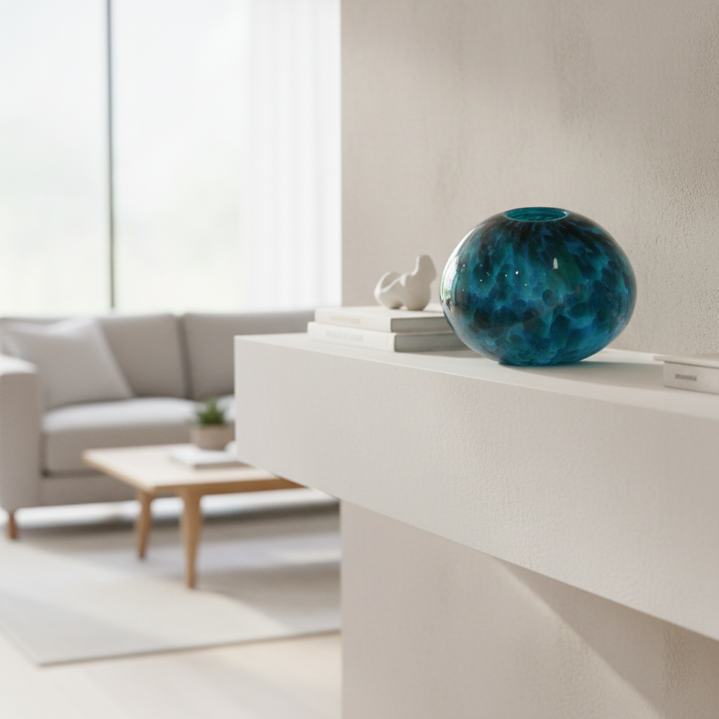 Blue glass vase on a white surface in a modern living room
