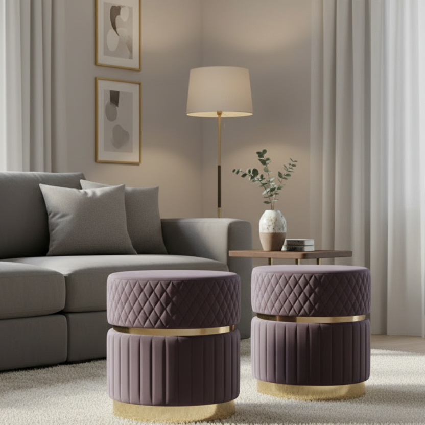 Modern living room with gray sectional sofa, purple ottomans, and decorative elements.