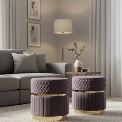 Modern living room with gray sectional sofa, purple ottomans, and decorative elements.