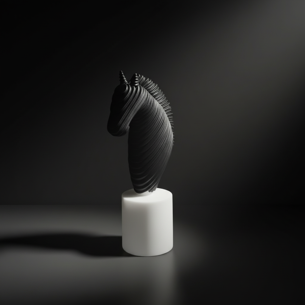 Black horse head sculpture on a white cylindrical base against a beige background