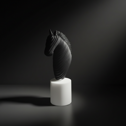 Black horse head sculpture on a white cylindrical base against a beige background