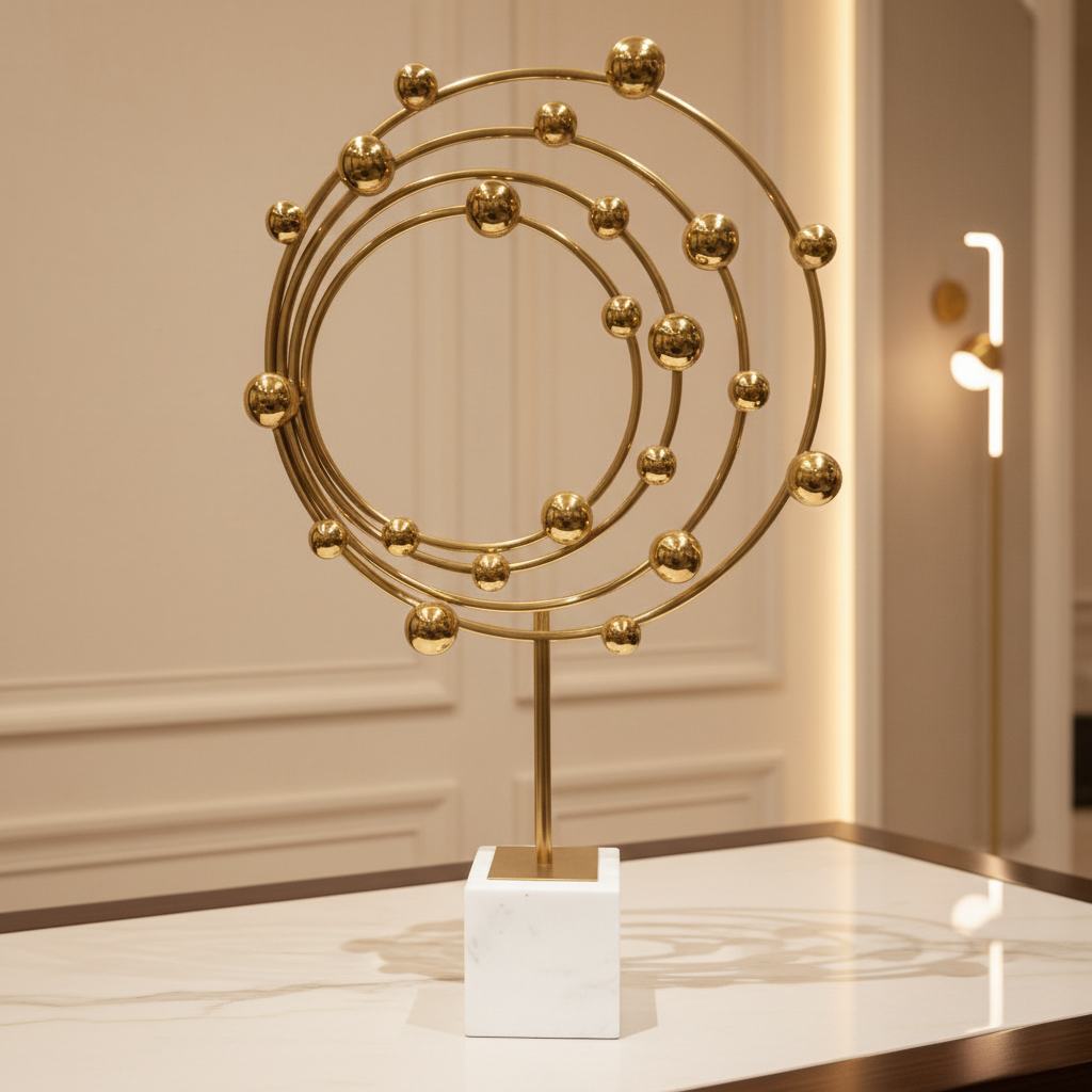 Decorative gold sculpture on a white base against a neutral wall.