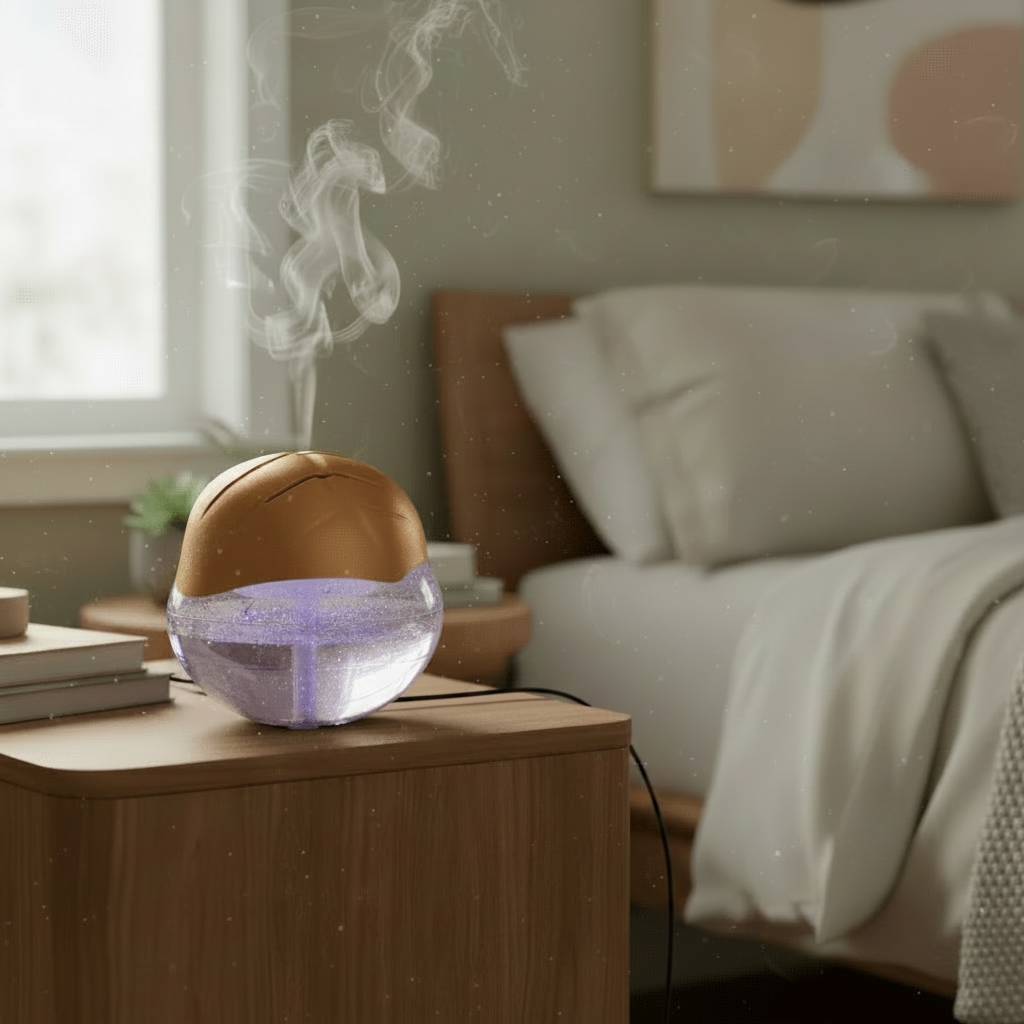 Humidifier on a nightstand with steam rising, bedroom setting