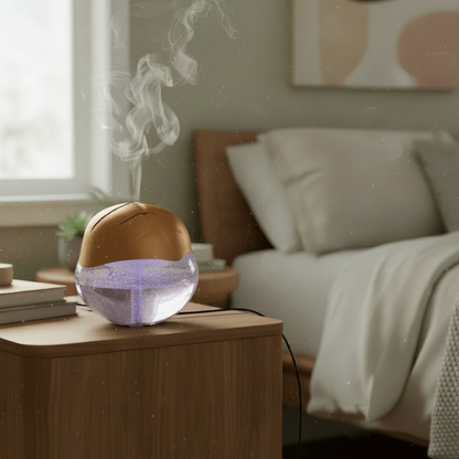 Humidifier on a nightstand with steam rising, bedroom setting