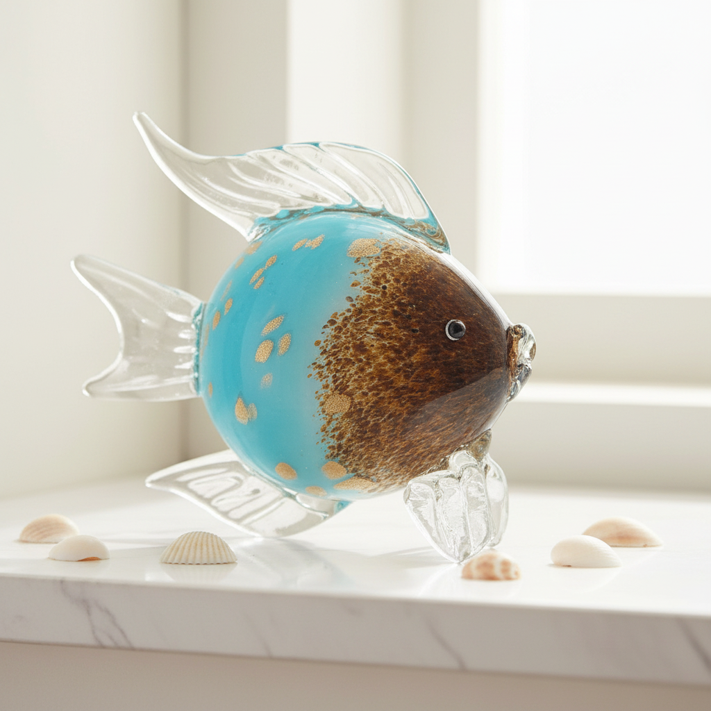 Glass fish ornament on a white surface with a blurred background