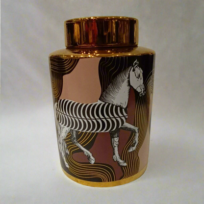 Equine Mirage: Artistic Decorative/Ginger Jar with Zebra Stripes and Gold Accents