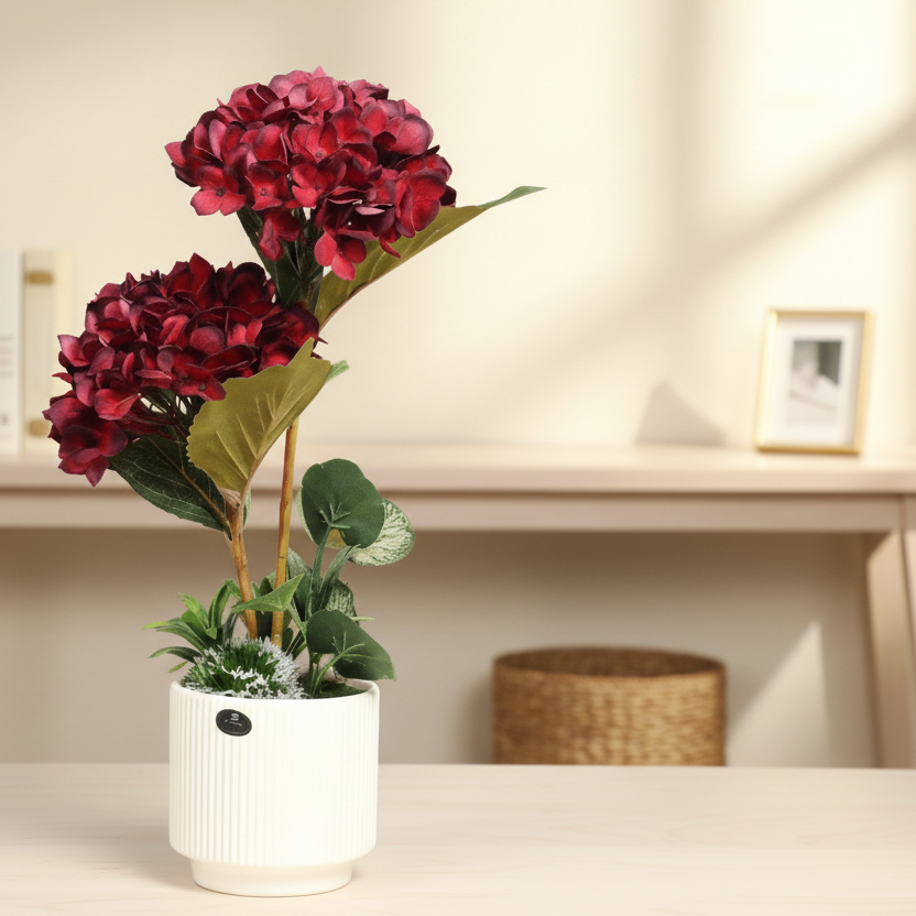 Artificial potted plant with red flowers on a table against a neutral background