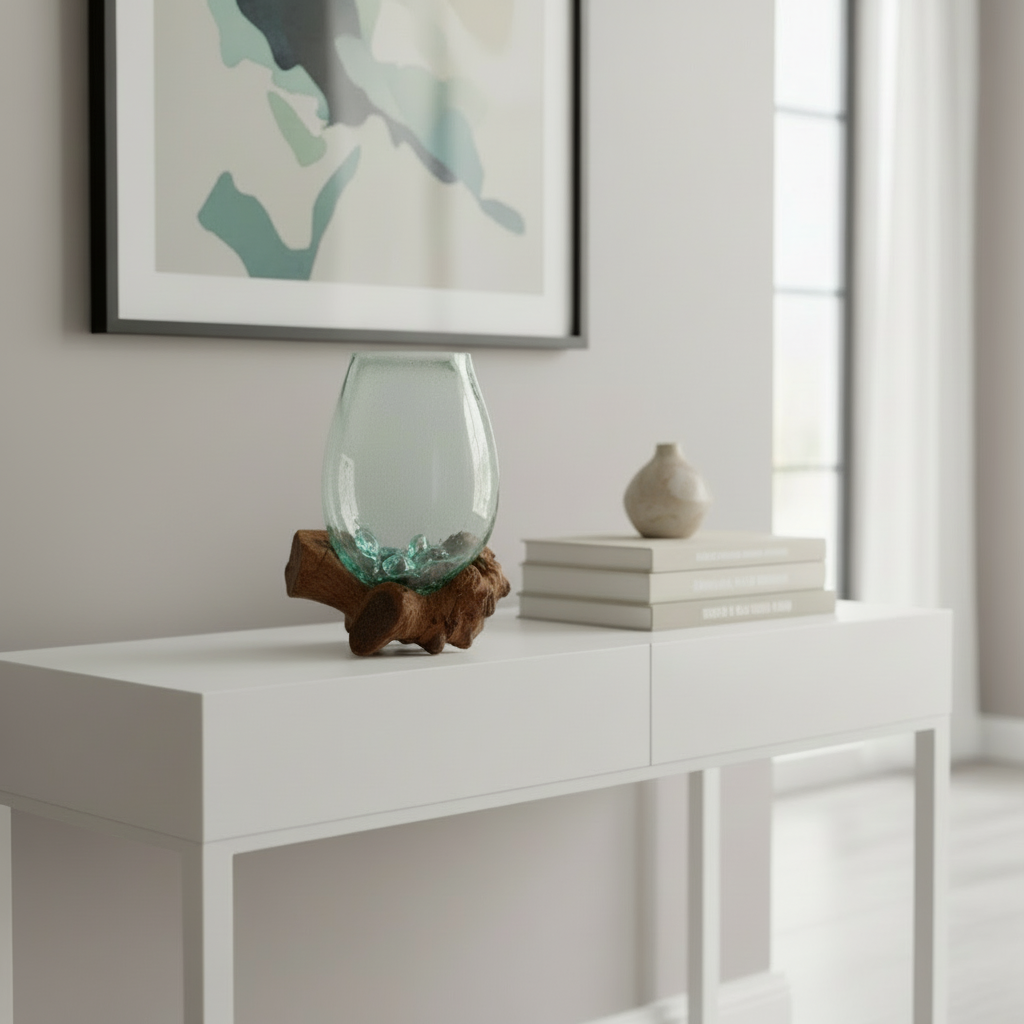 Glass vase with green plant on a wooden base against a blurred background