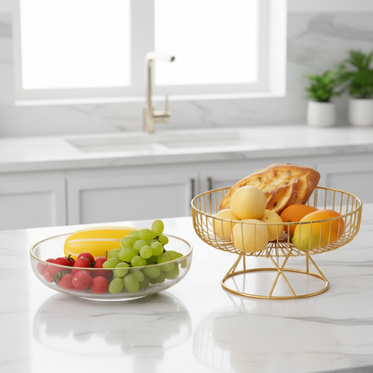 Golden Lattice: Modern Metal Fruit Basket with Fibre Bowl