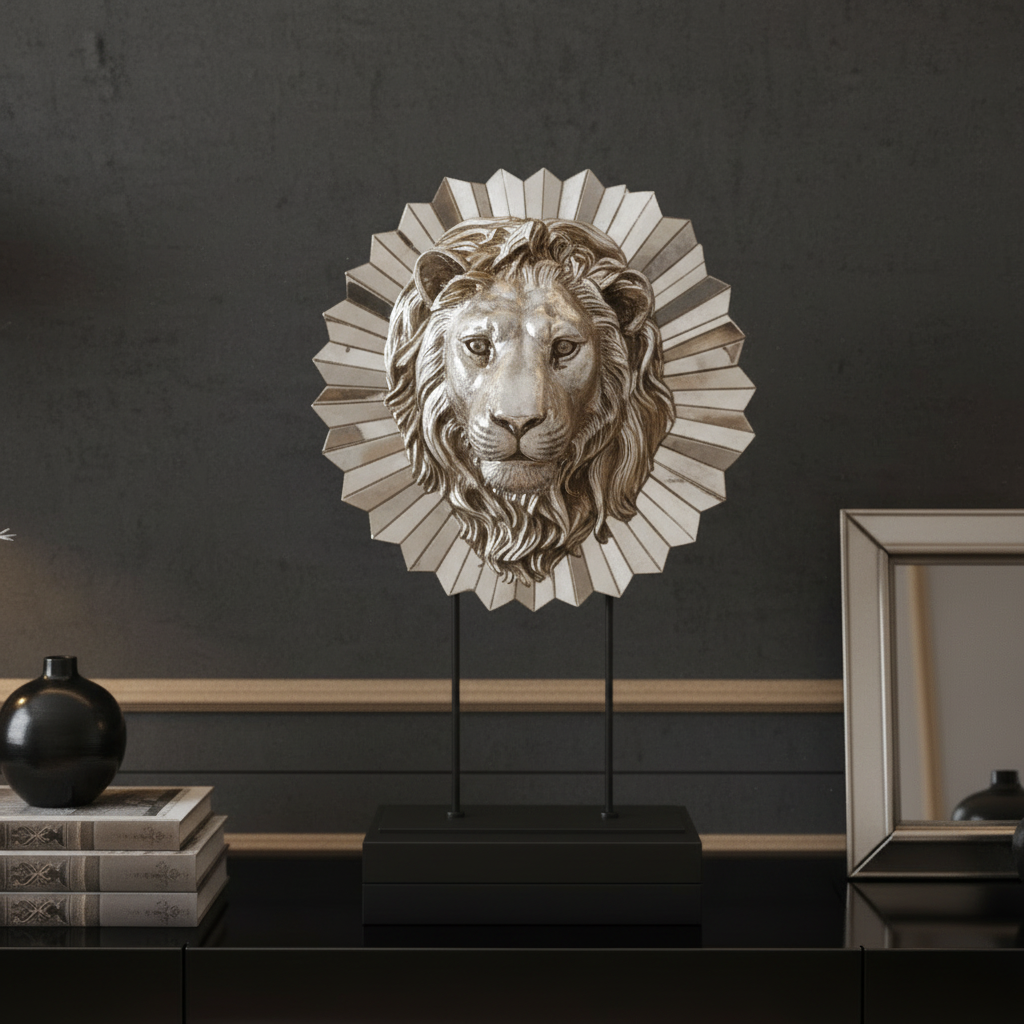 Decorative lion head sculpture on a stand in an elegant interior setting