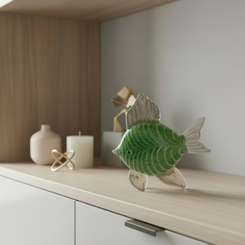 Green glass fish ornament on a wooden surface with a blurred background