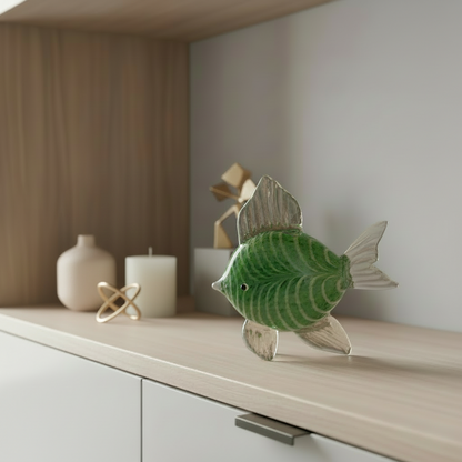 Green glass fish ornament on a wooden surface with a blurred background