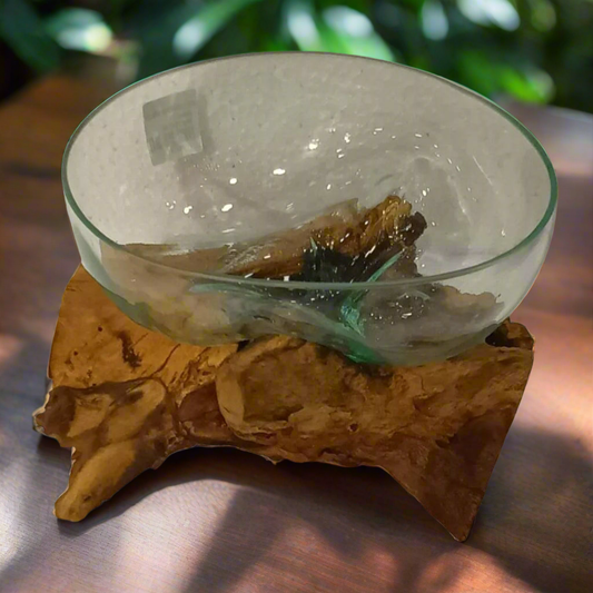 Molten Artistry: Hand-Blown Glass Bowl on Natural Root Wood Base