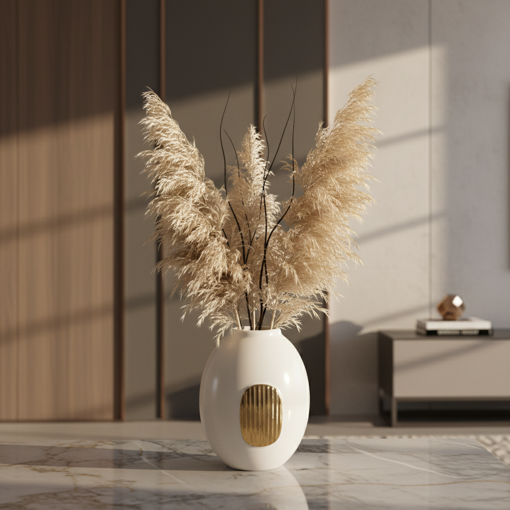 White vase with gold and black design on a gray background