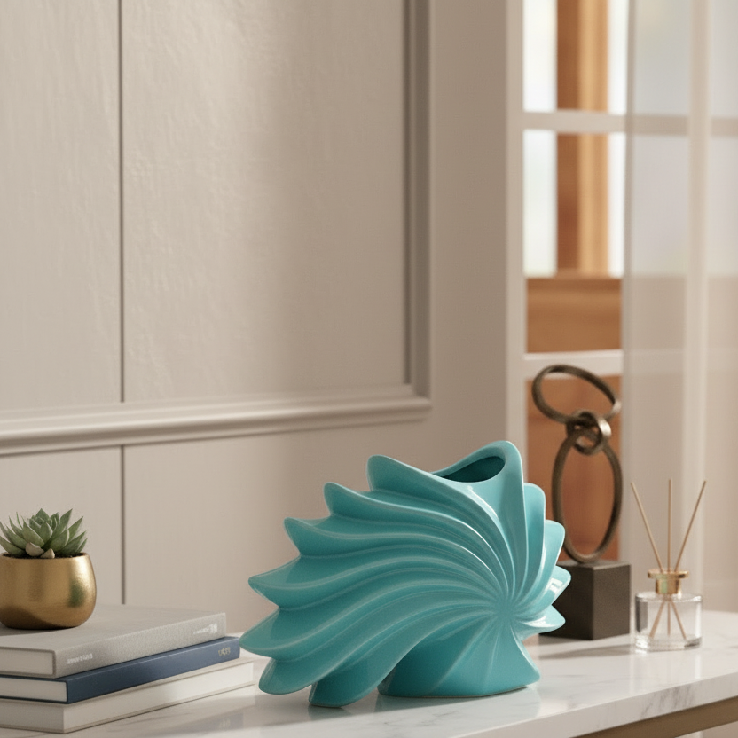 Turquoise ceramic vase on a table with a blurred background