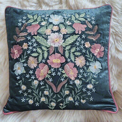 Opulent Bloom Embroidered Velvet Cushion Cover