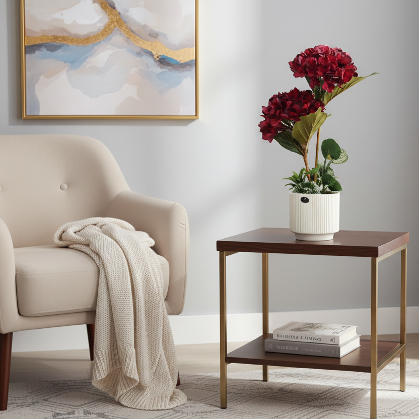Artificial potted plant with red flowers on a gray background