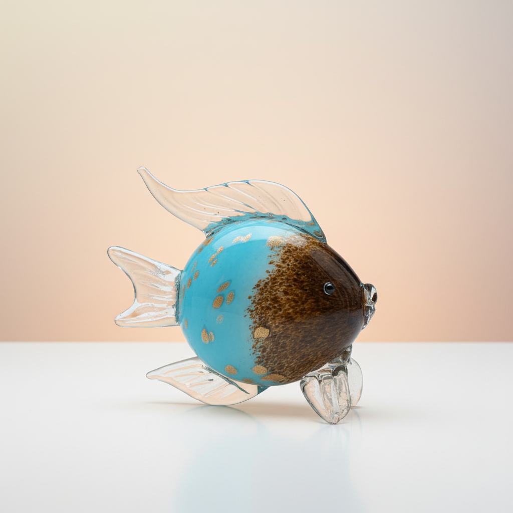 Glass fish figurine with blue body and brown back on a reflective surface