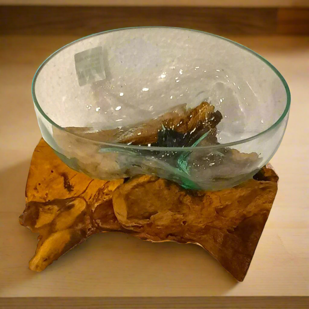 Molten Artistry: Hand-Blown Glass Bowl on Natural Root Wood Base