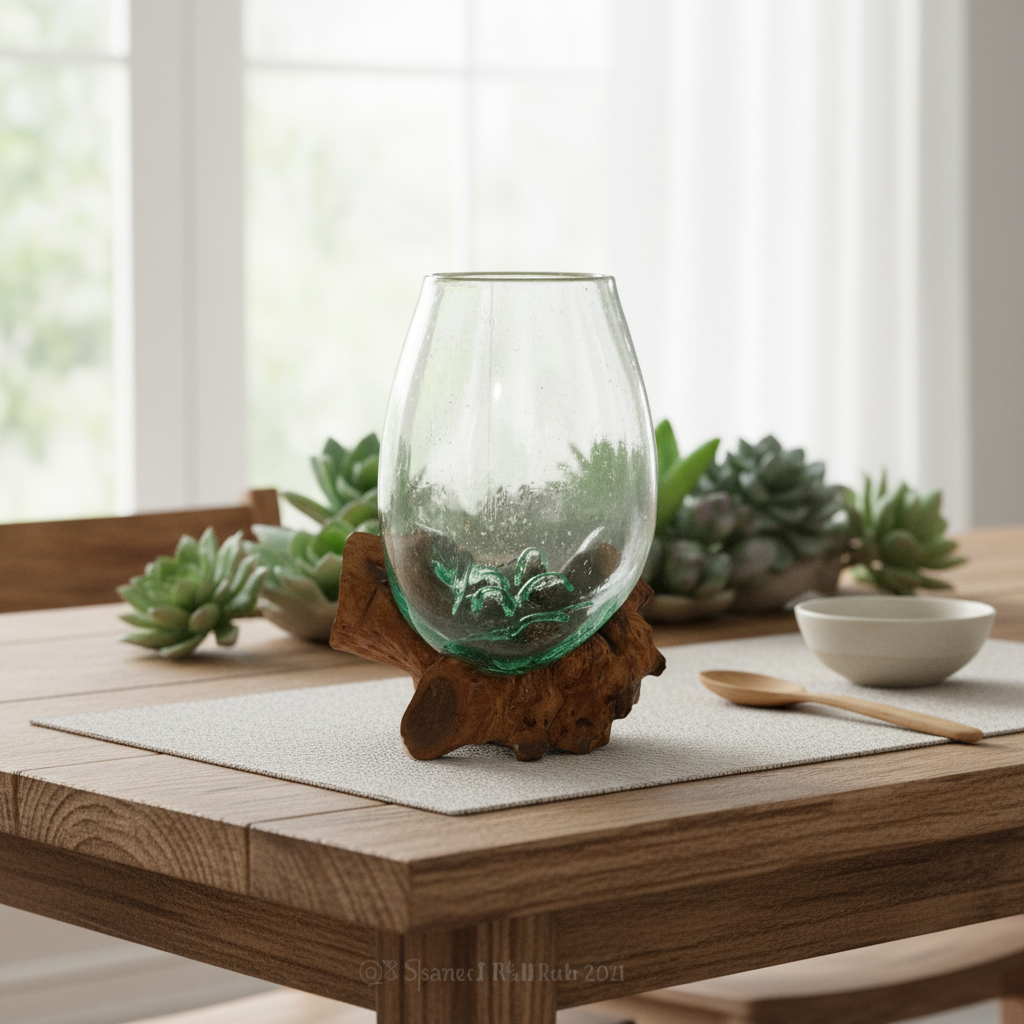 Glass terrarium with succulents on a wooden base, set against a blurred background of green plants.