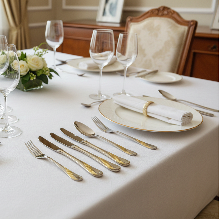 Elegant table setting with silverware, plates, and glasses on a white tablecloth.
