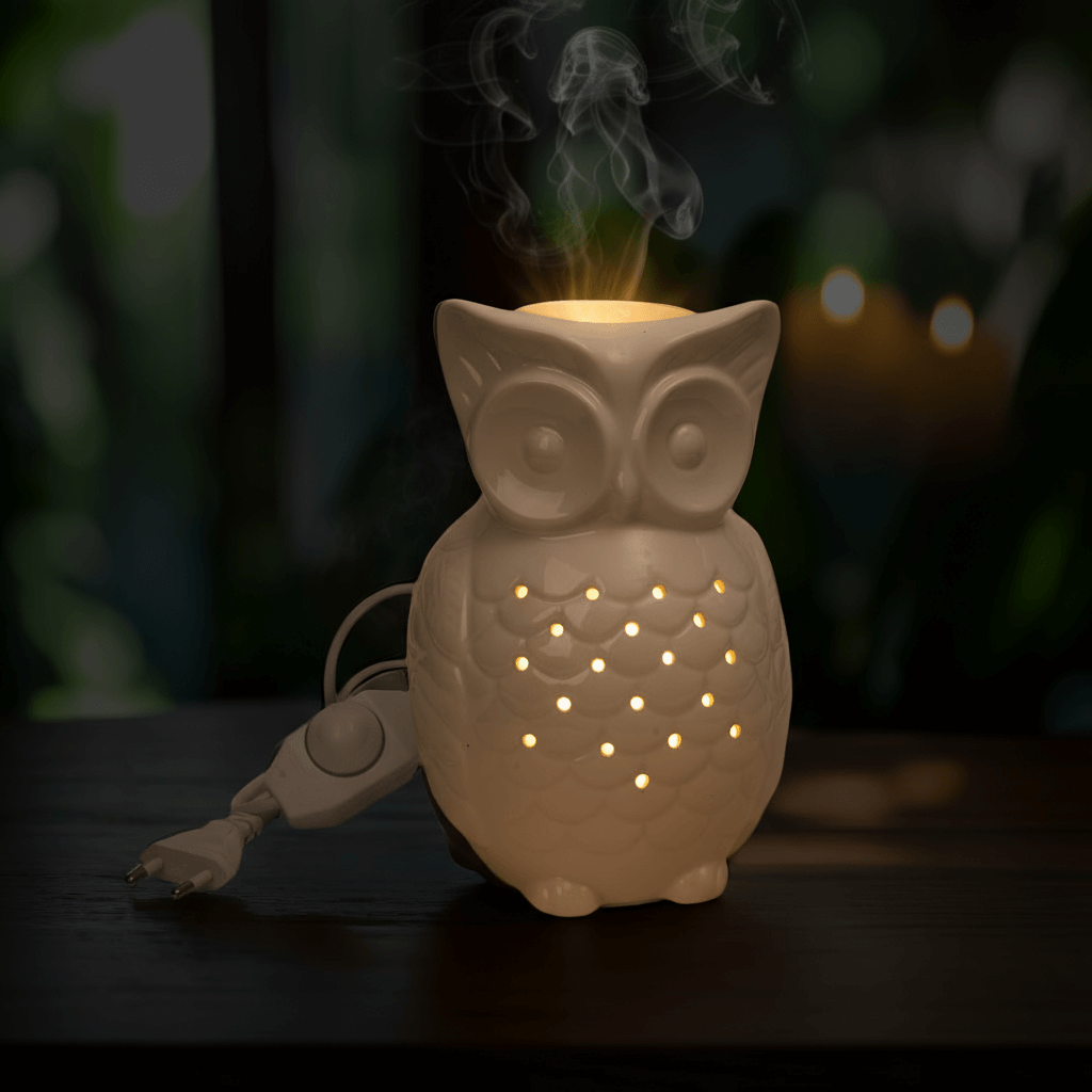Owl-shaped diffuser emitting steam on a dark background