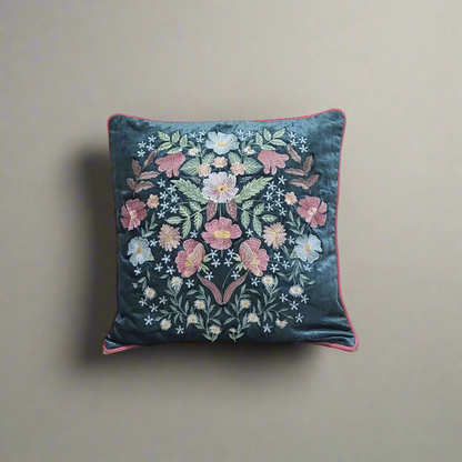 Opulent Bloom Embroidered Velvet Cushion Cover