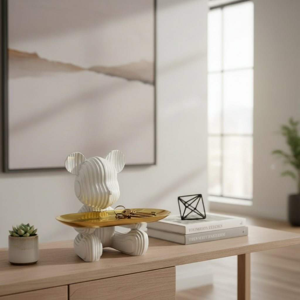 Decorative lamp on a wooden table with books and a plant in a minimalistic room.