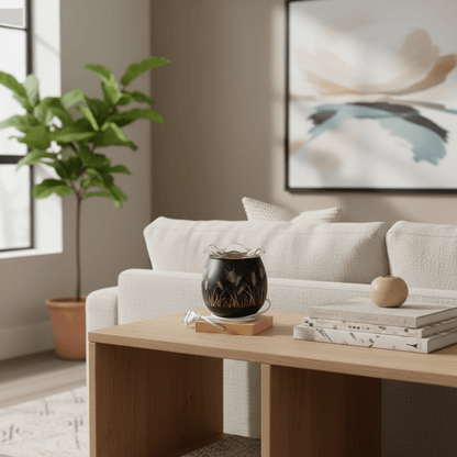 Modern living room with a beige sofa, wooden coffee table, and decorative items.