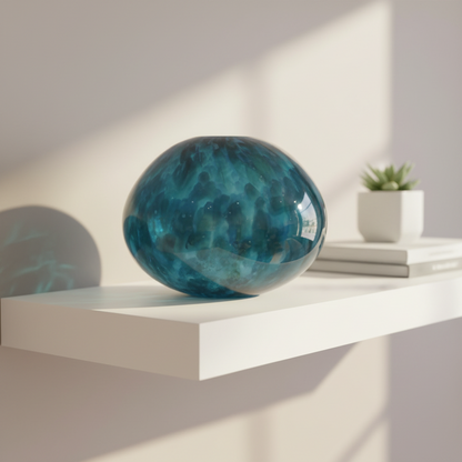 Teal glass bowl with a textured surface on a light background