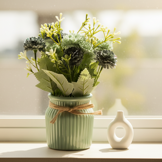Small potted plant with greenery in a green pot on a plain background