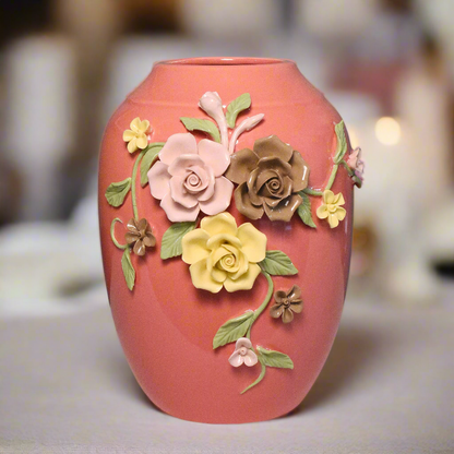Rose Garden Charm: Hand-Applied Floral Ceramic Vase in Salmon Pink (Big)