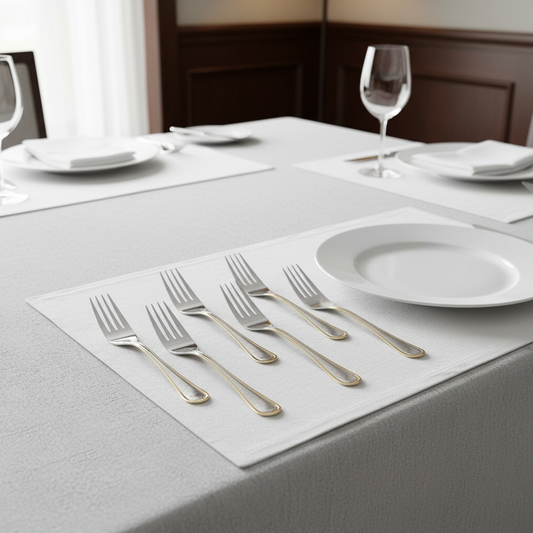 Set of silver forks on a white placemat with plates and glasses in the background.