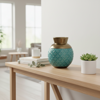 Teal and gold vase on a wooden table with a plant and books in a bright room.