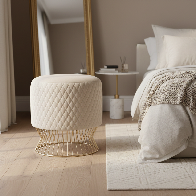 Beige ottoman with quilted design next to a bed in a bedroom setting.