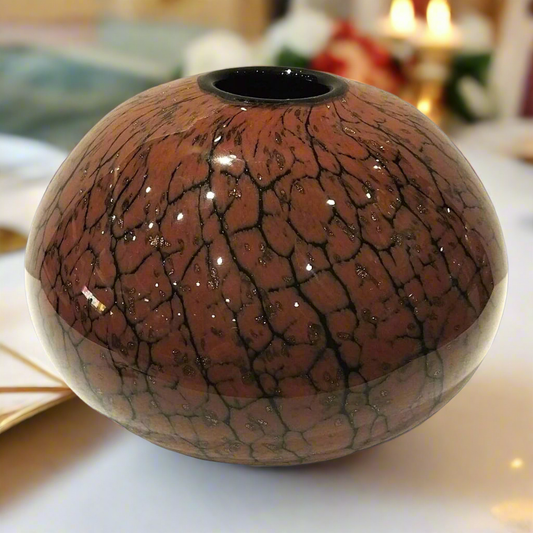 Earthen Radiance: Luxury Globular Vase with Organic Crackle & Gold Fleck Finish